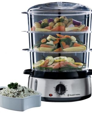 Russell Hobbs Four à vapeur Cook at Home 19270-56 La méthode de cuisson vapeur, saine et intelligente, permet de conserver un maximum de nutriments et de vitamines. Trois paniers vapeurs permettent de cuire toutes sortes d’aliments en même temps, notamment le riz, les légumes, les oeufs, le poisson... Toutes les fonctions Des finitions de qualité en acier brossé 3 paniers vapeurs d’une capacité totale de 9 L Paniers empilables pour un rangement pratique Minuteur de 60 minutes avec un arrêt automatique et signal sonore en fin de cuisson Inclus un panier de 1 L supplémentaire pour cuire le riz et 6 emplacements dans chaque panier pour la cuisson des oeufs 2 orifices sur les côtés pour remplir facilement la cuve d’eau et un indicateur pour contrôler le niveau d’eau de la cuve 800 W de puissance