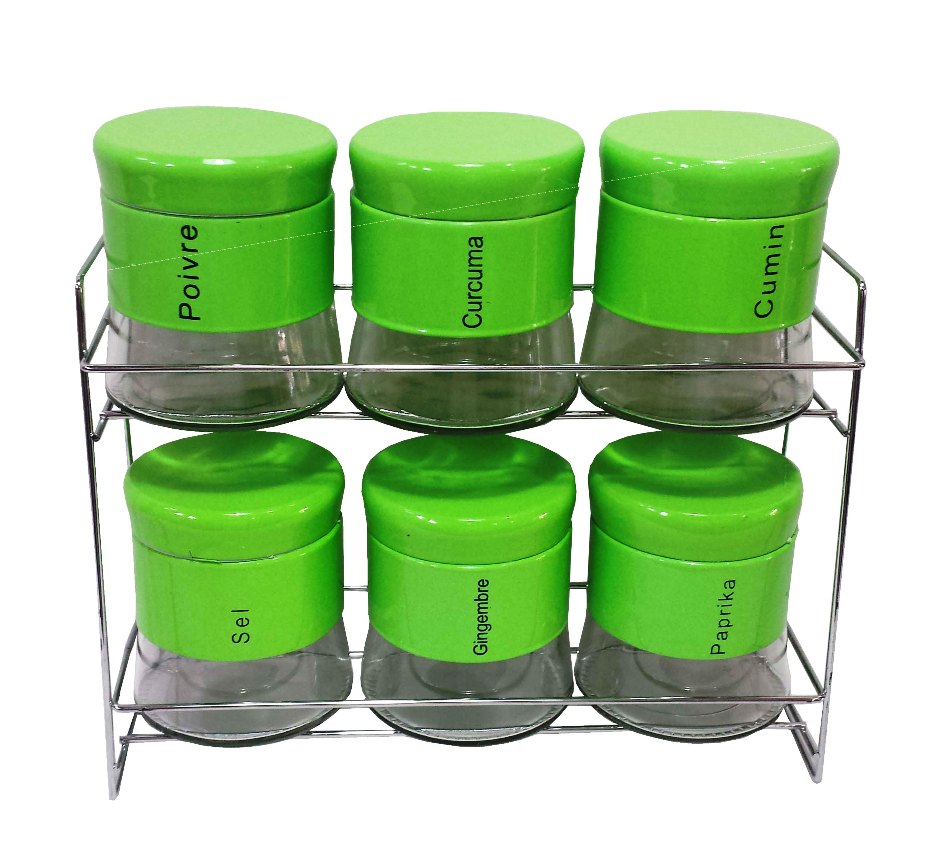 6 Pots à épices Verre / Support inox - Vert prix maroc